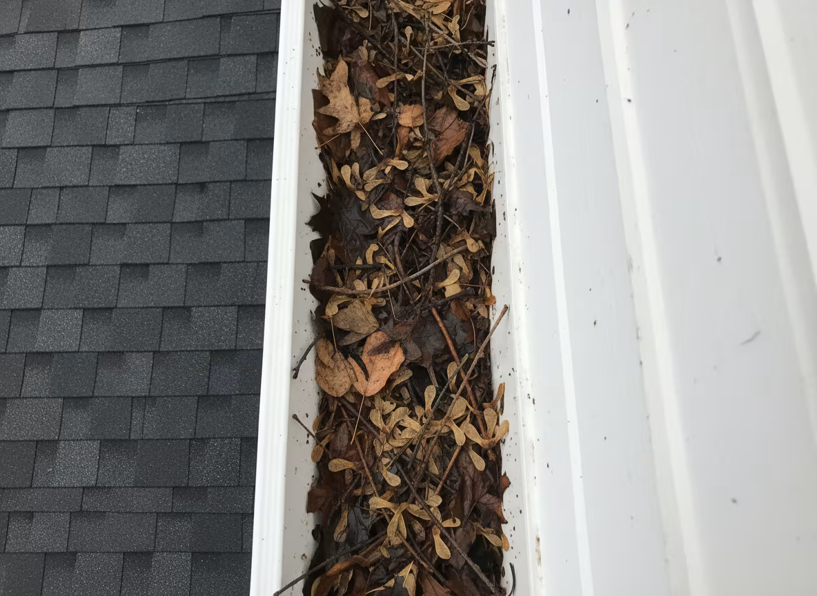Severely clogged Rockford IL rain gutter filled with wet autumn leaves