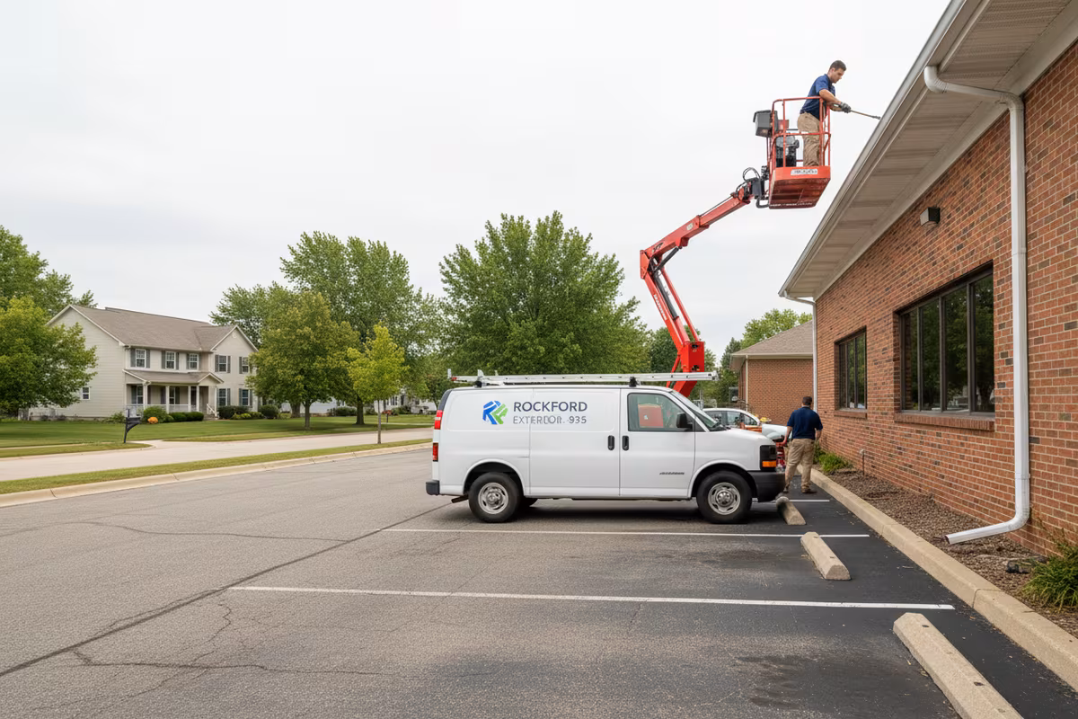 Commercial gutter cleaning service with a boom lift on a small office building in Rockford IL
