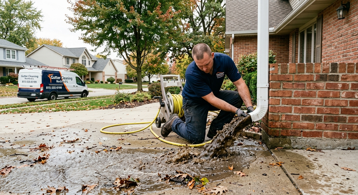 Technician flushing a downspout with water during gutter cleaning service in Rockford IL