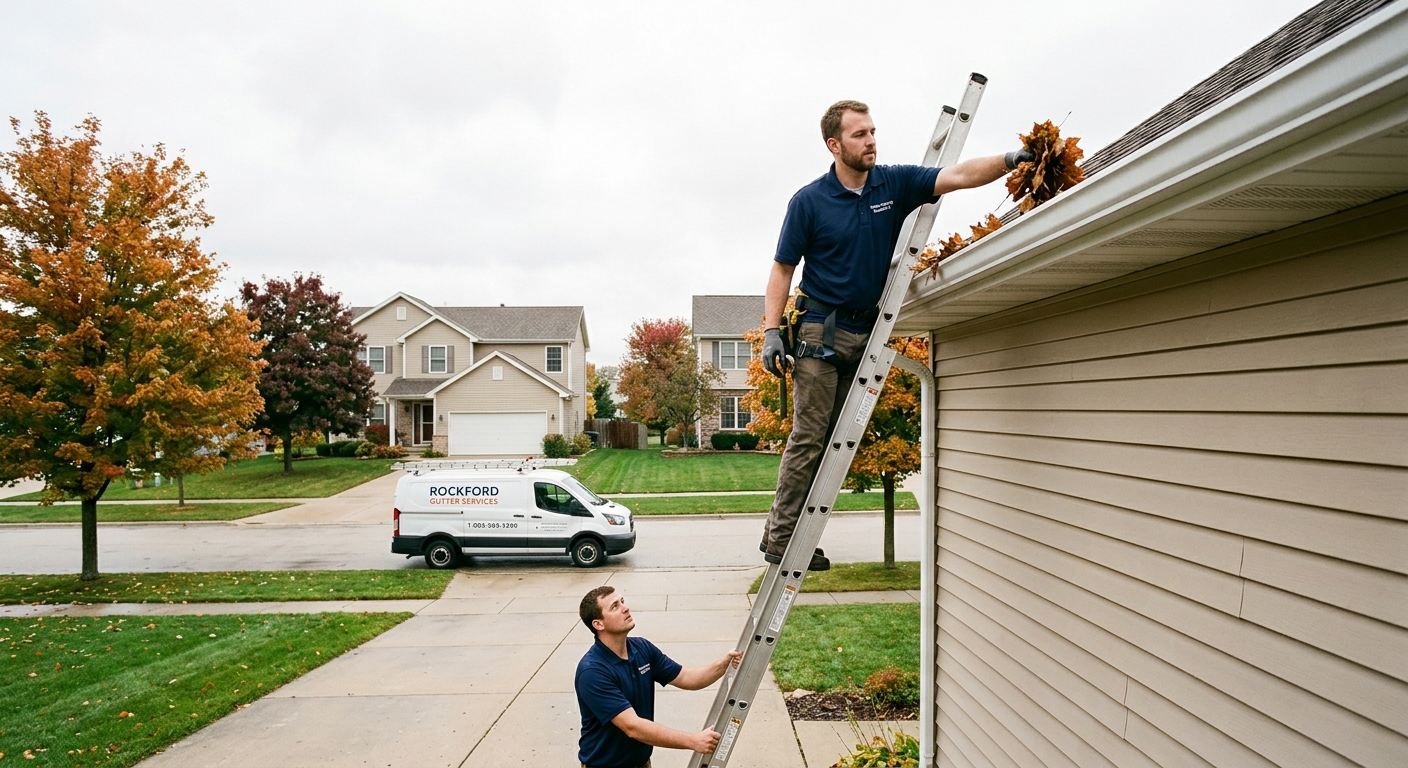 Gutter cleaning Rockford IL technician on ladder removing leaves