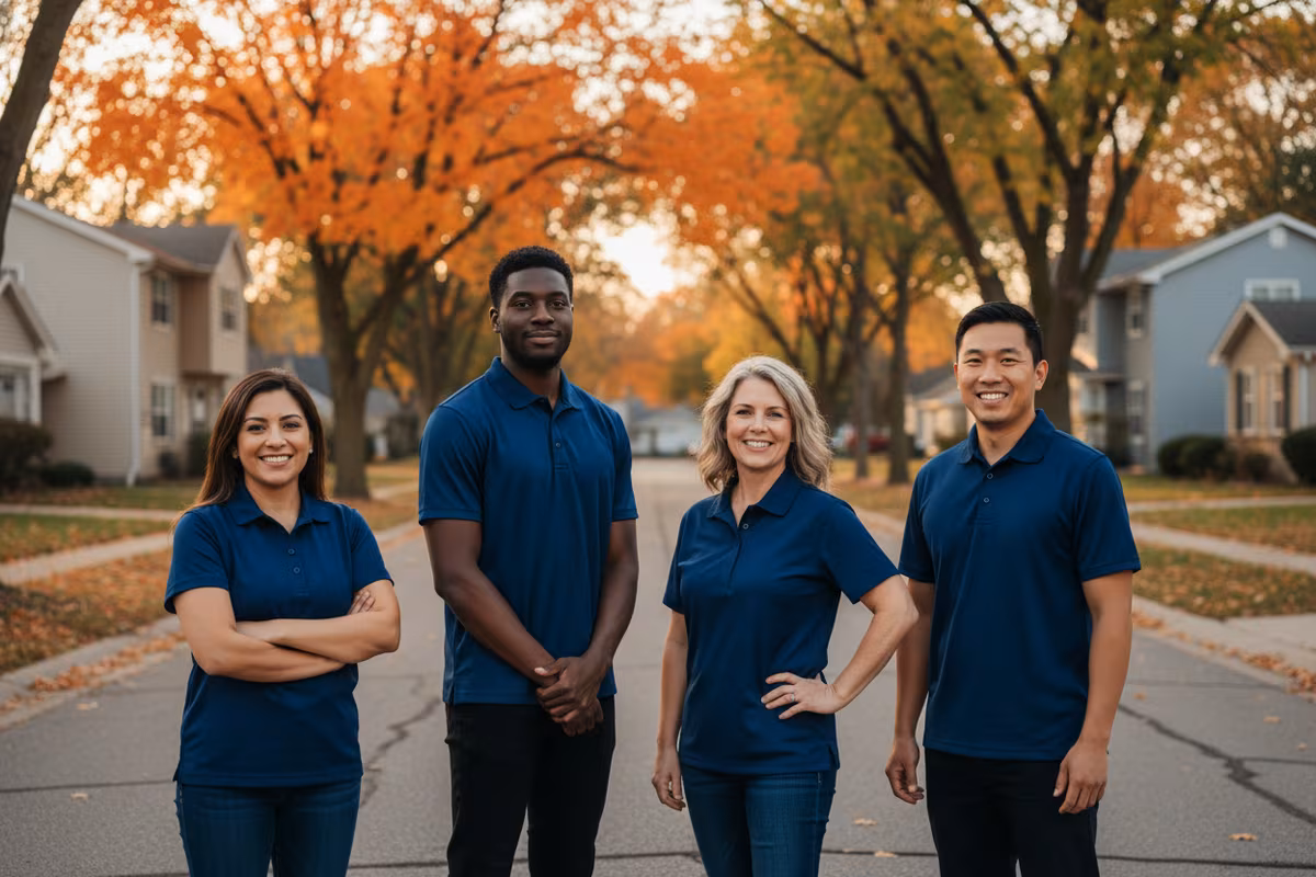 The Gutter Cleaning Rockford IL team — four local pros in navy uniforms