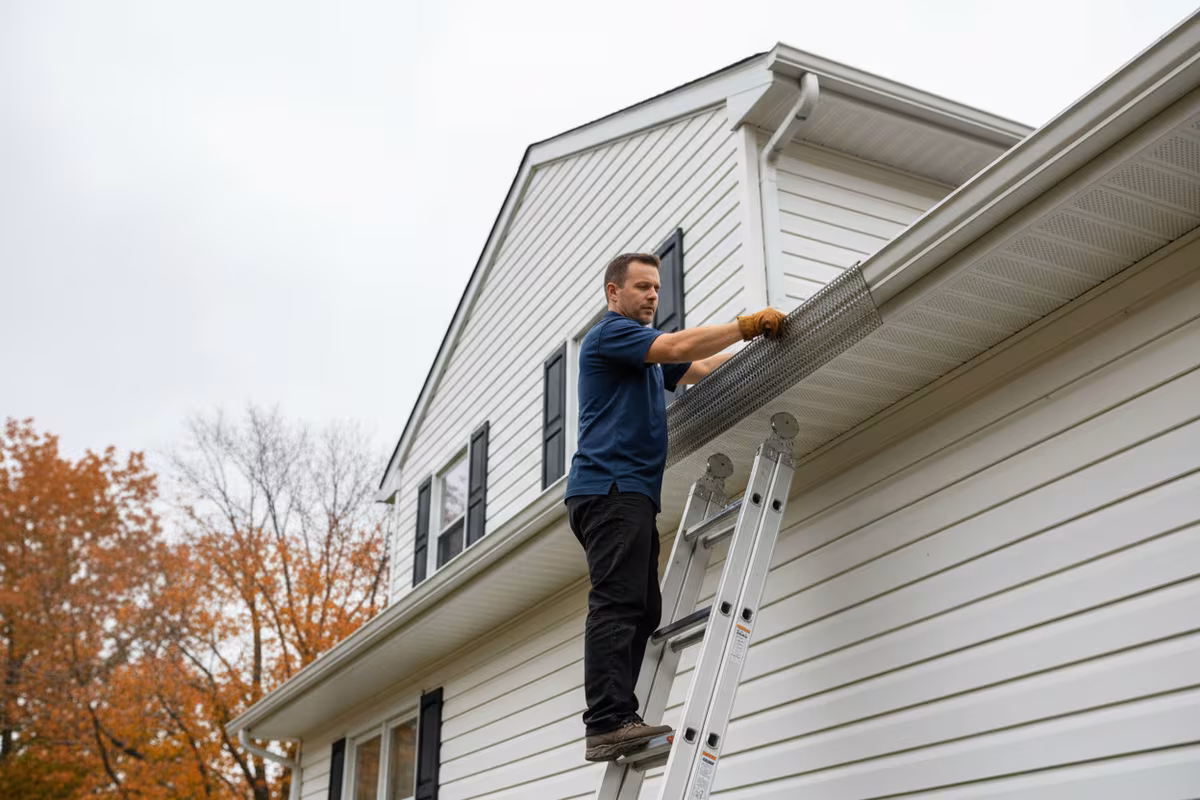 Stainless-steel micro-mesh gutter guard installation on a Rockford IL home