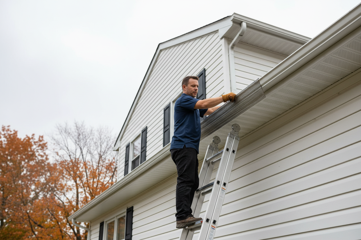 Stainless-steel micro-mesh gutter guard installation on a Rockford IL home