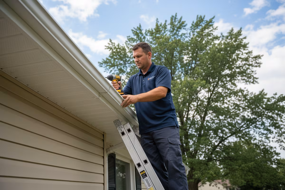 Technician repairing a sagging gutter with a new hidden hanger on a Rockford IL home