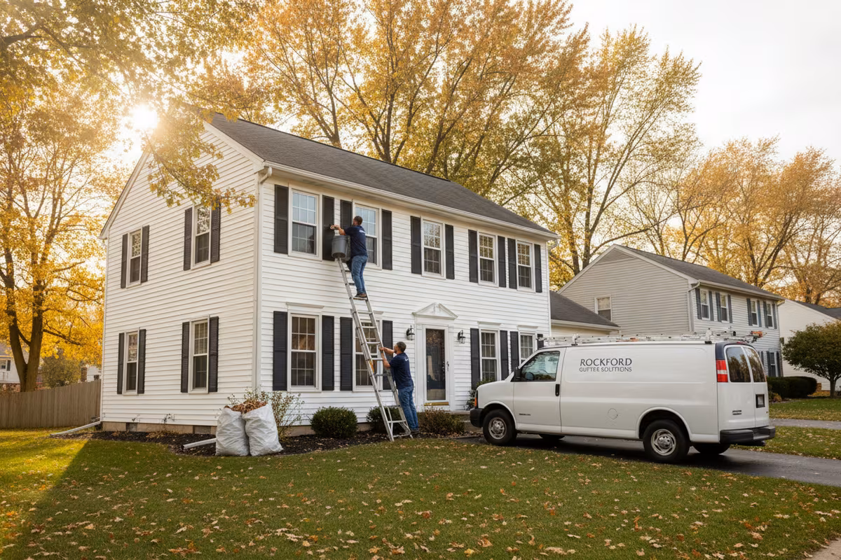 Two technicians performing residential gutter cleaning on a colonial home in Rockford IL