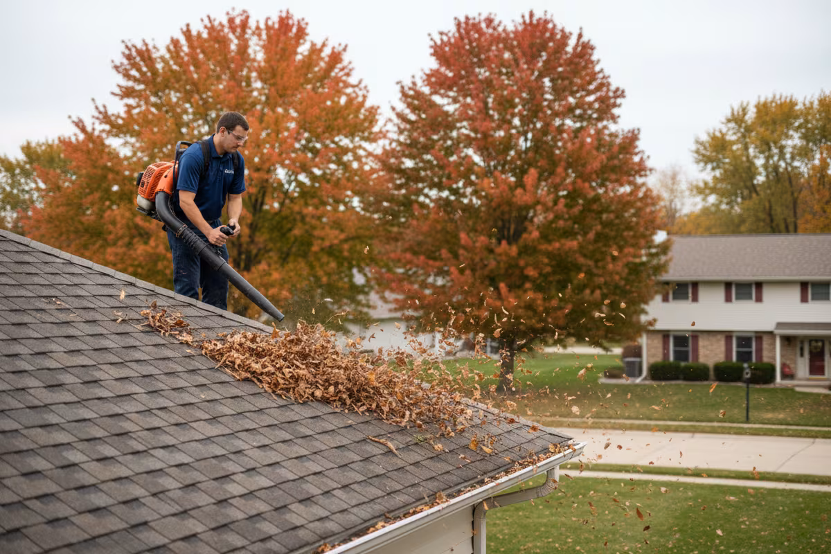 Crew member clearing leaves and debris from a Rockford IL roof with a backpack blower