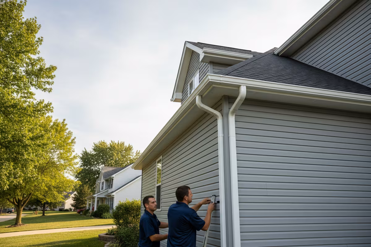 Brand new white seamless aluminum gutters on a Rockford Illinois two-story home